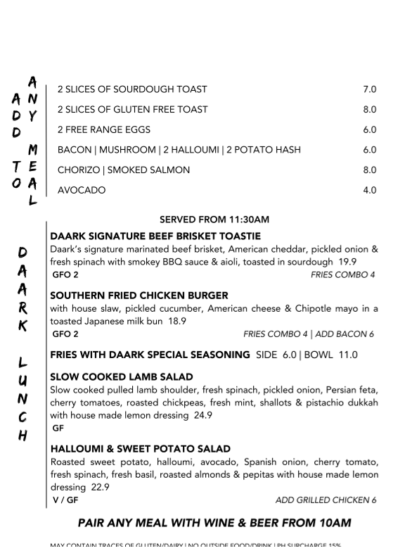Menu, Daark Espresso