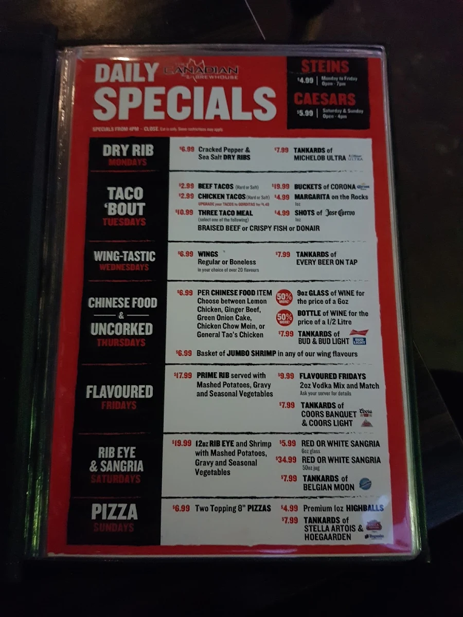 Menu, The Canadian Brewhouse (Okotoks)