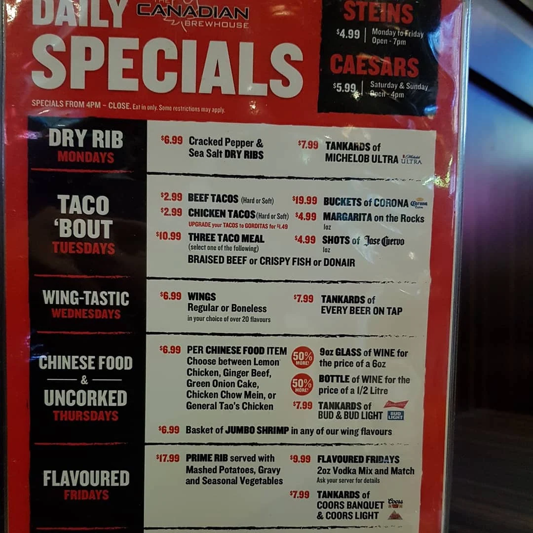Menu, The Canadian Brewhouse (Okotoks)