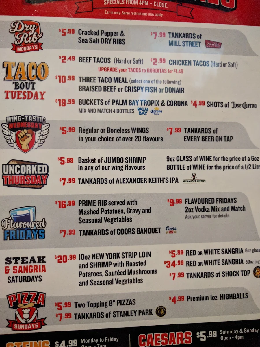 Menu, The Canadian Brewhouse (Okotoks)