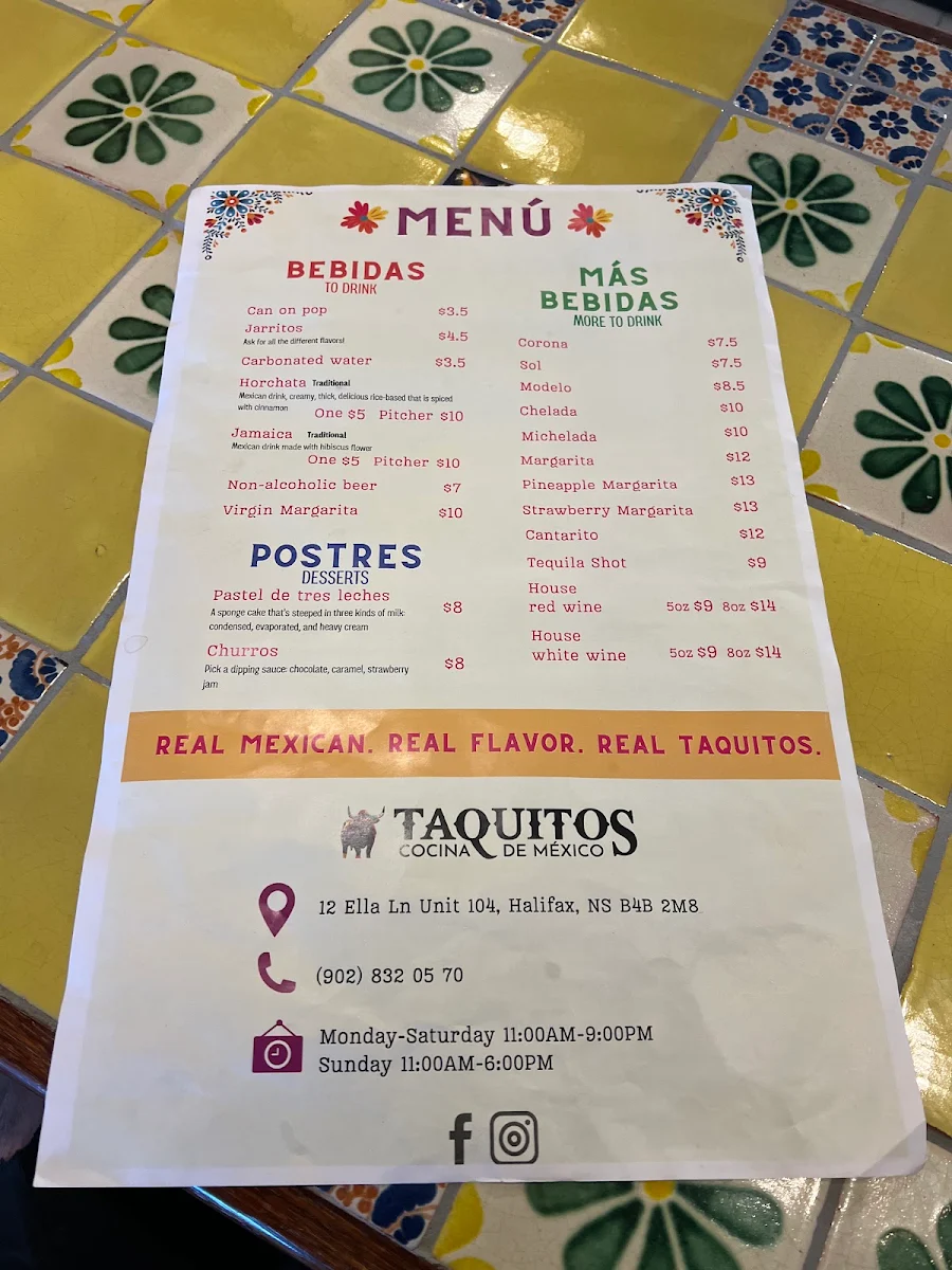 Menu, Taquitos Cocina de México