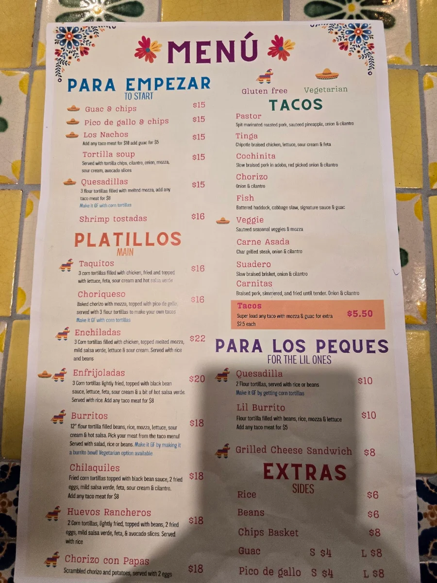 Menu, Taquitos Cocina de México