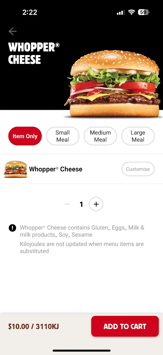 Menu, Hungry Jack's Burgers Noarlunga