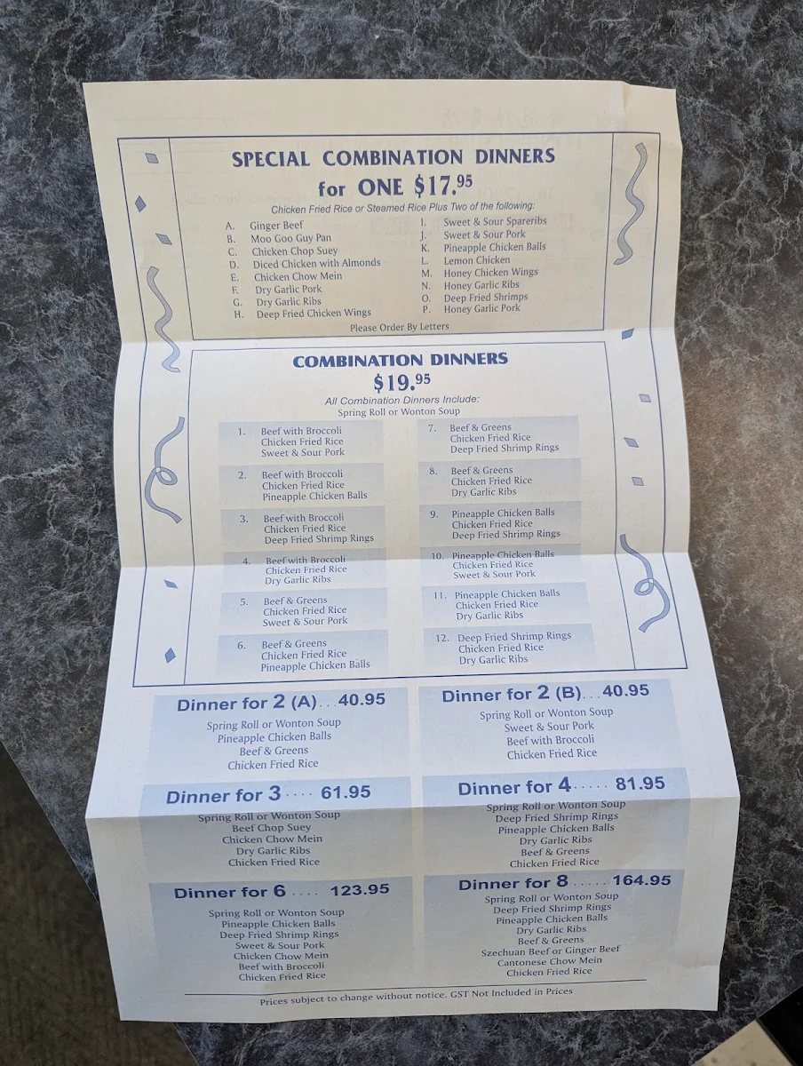 Menu, Long's Take Out Food