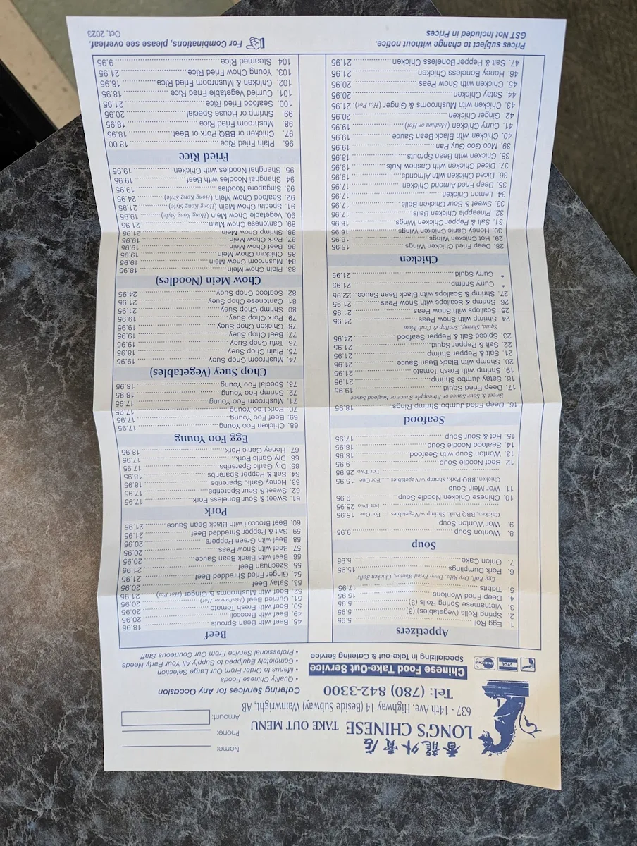 Menu, Long's Take Out Food