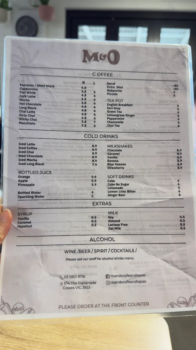 Menu, M & O Cafe