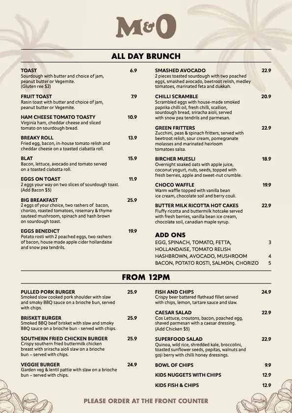 Menu, M & O Cafe