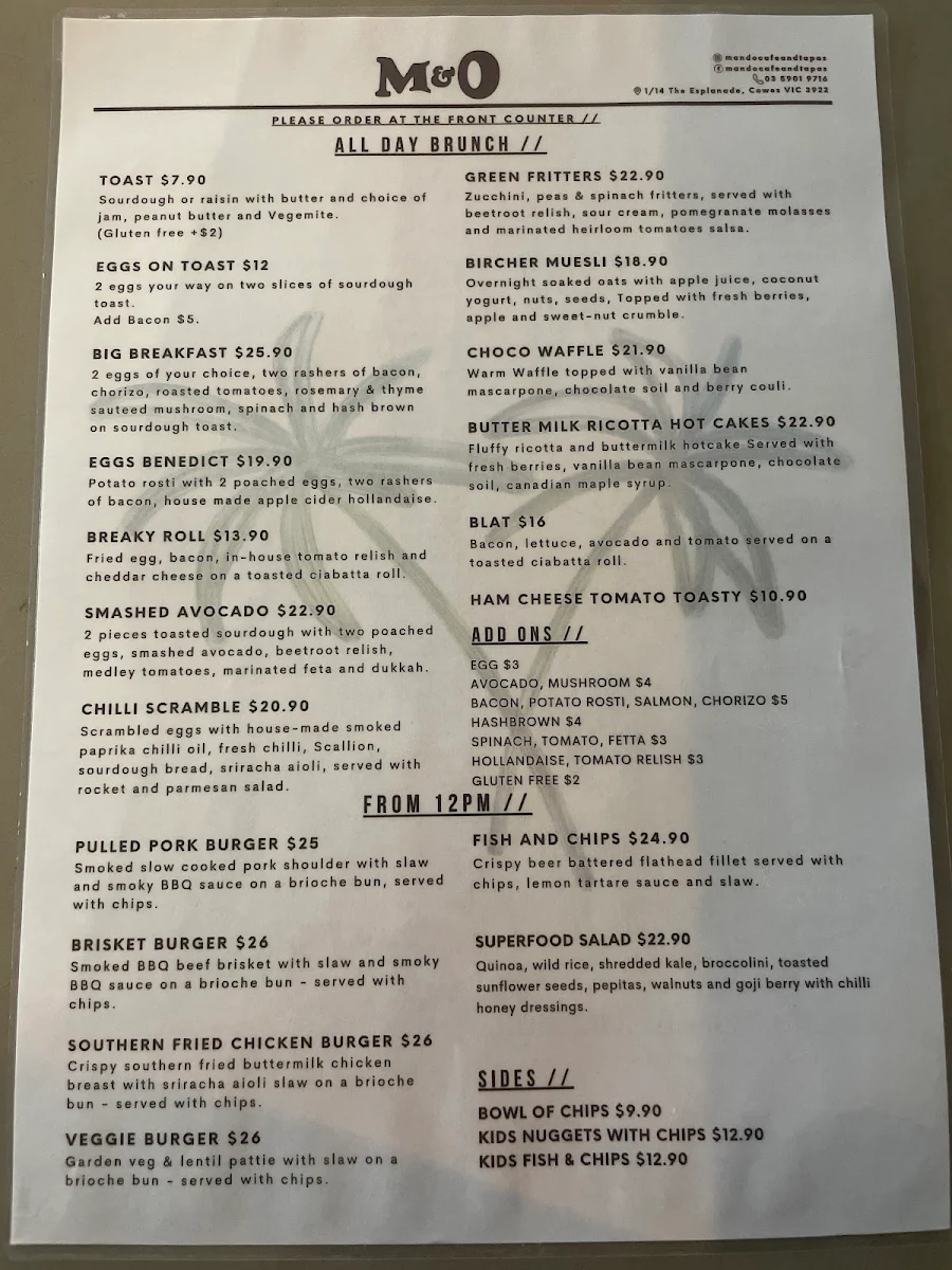 Menu, M & O Cafe