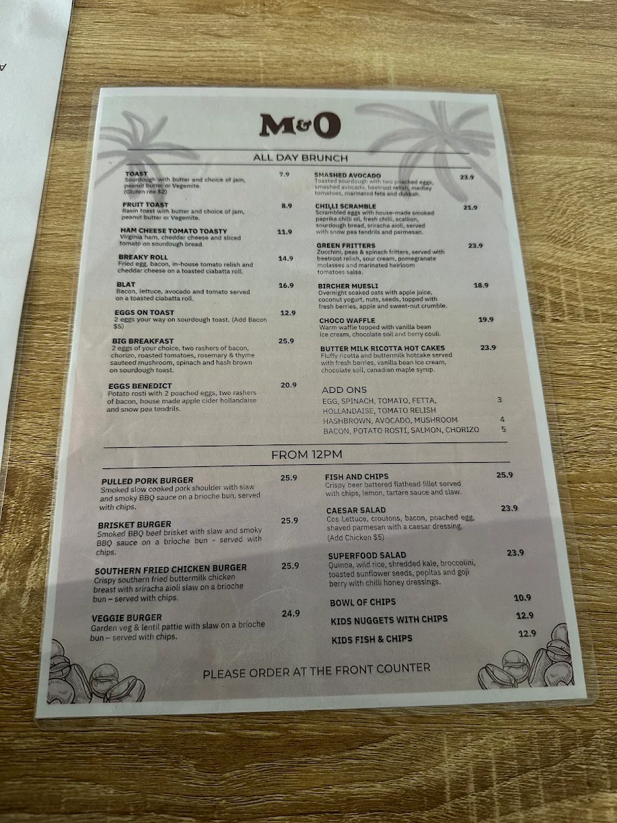 Menu, M & O Cafe