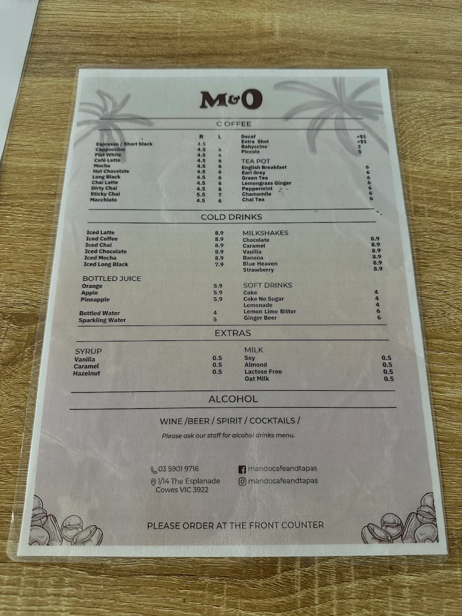 Menu, M & O Cafe