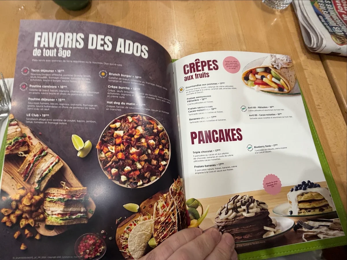 Menu, Cora Déjeuners et dîners