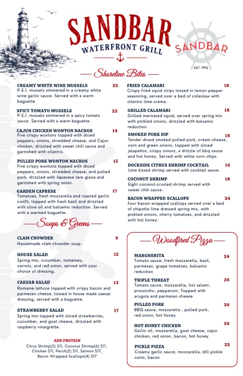 Menu, Sandbar Waterfront Grill