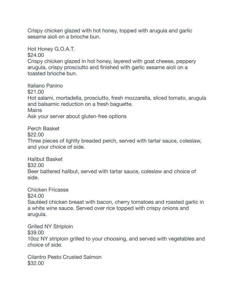 Menu, Sandbar Waterfront Grill