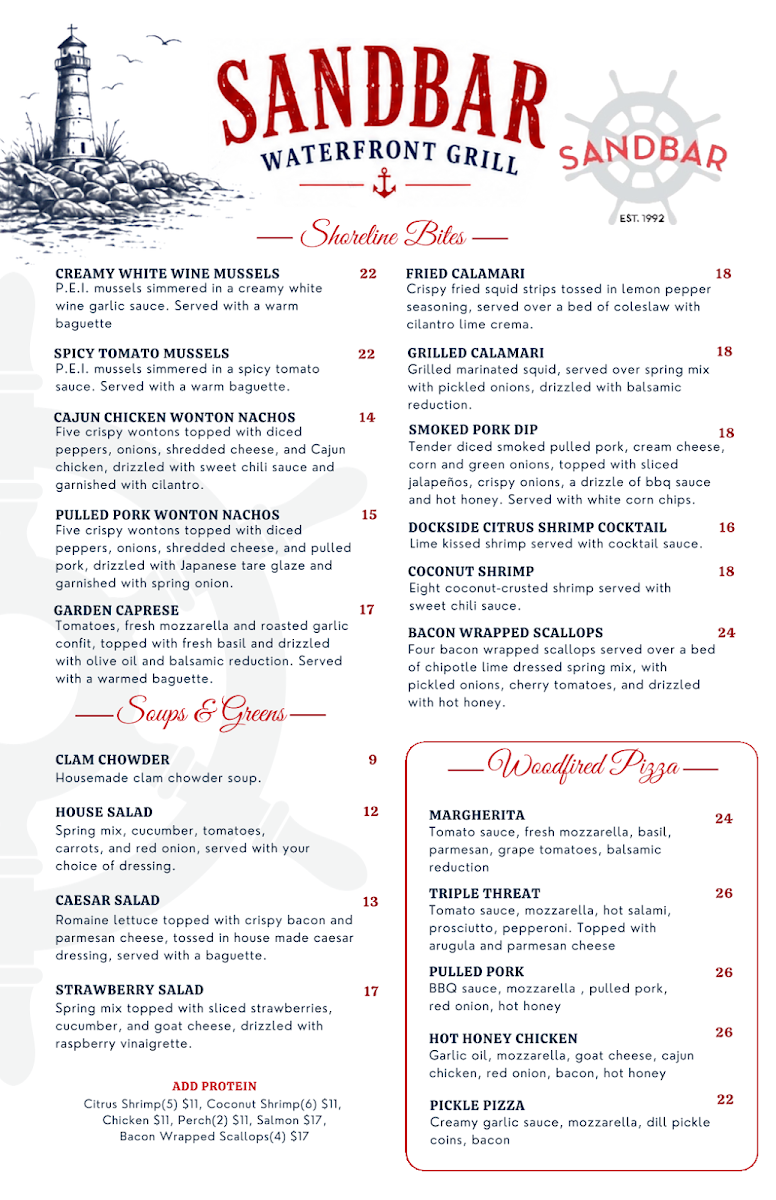 Menu, Sandbar Waterfront Grill