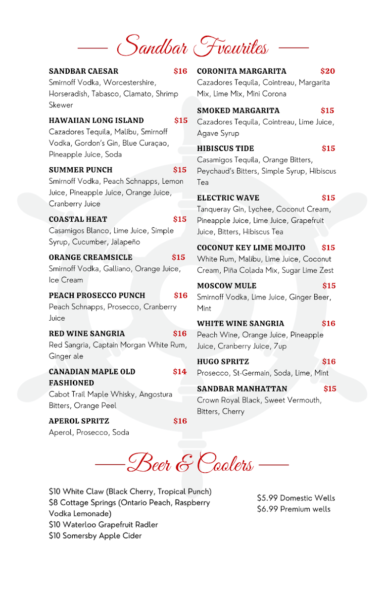 Menu, Sandbar Waterfront Grill