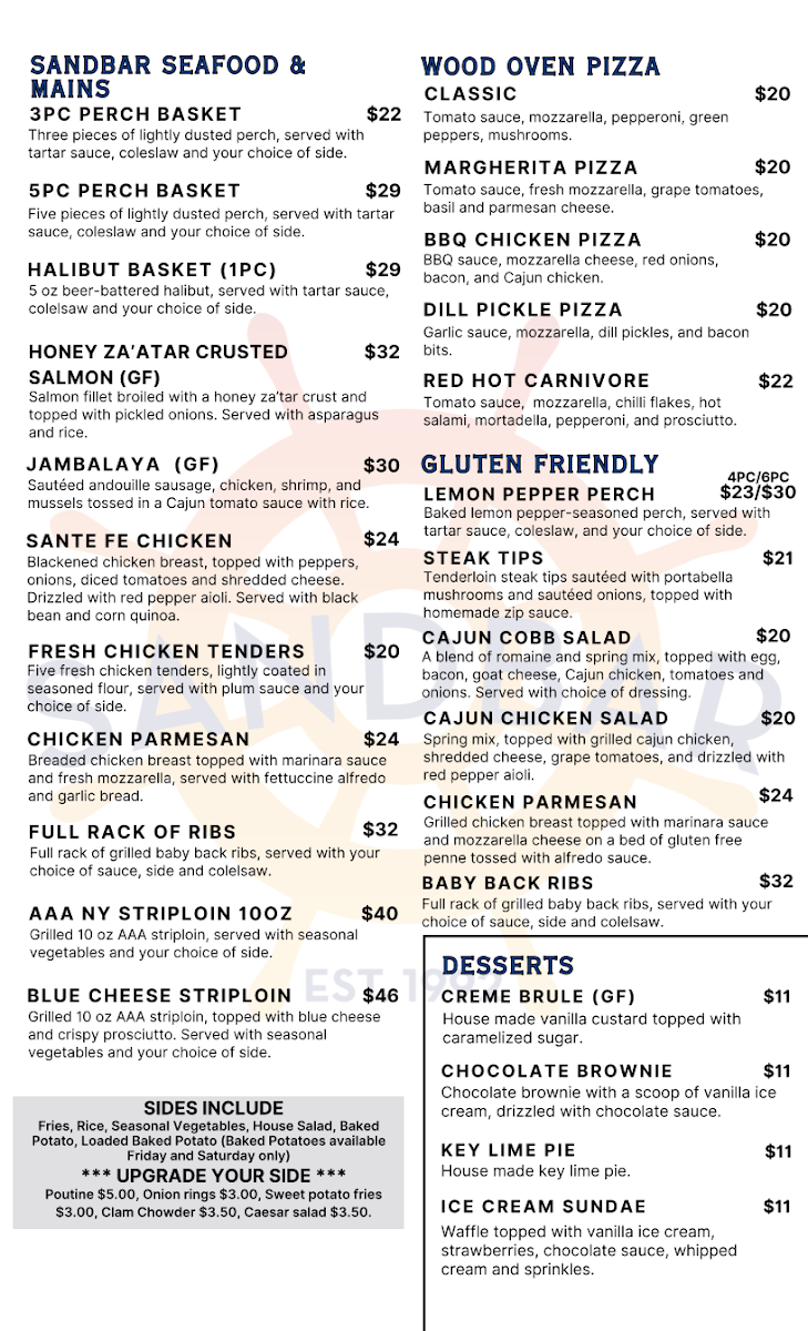 Menu, Sandbar Waterfront Grill