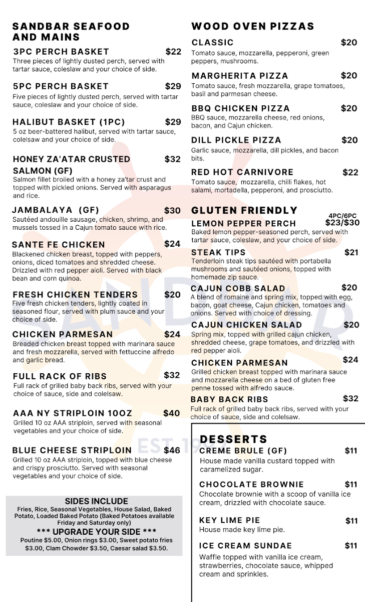 Menu, Sandbar Waterfront Grill