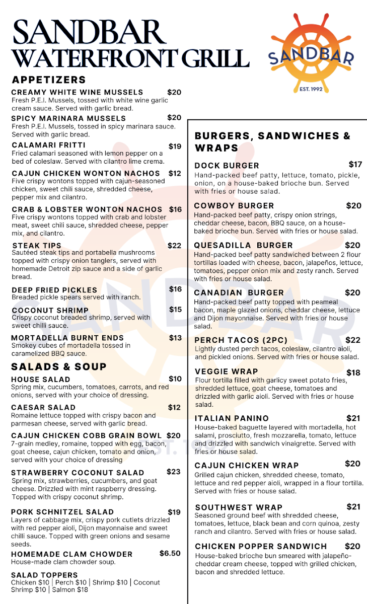 Menu, Sandbar Waterfront Grill