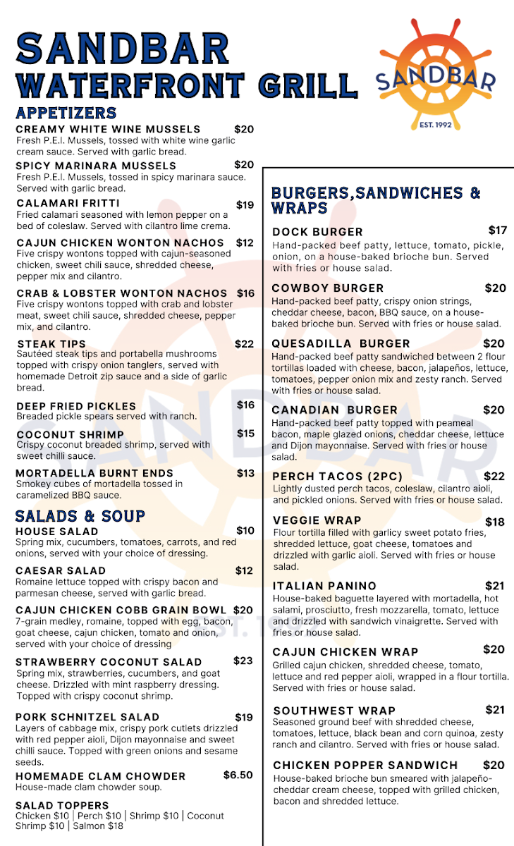 Menu, Sandbar Waterfront Grill