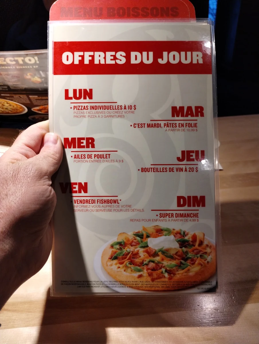 Menu, Boston Pizza