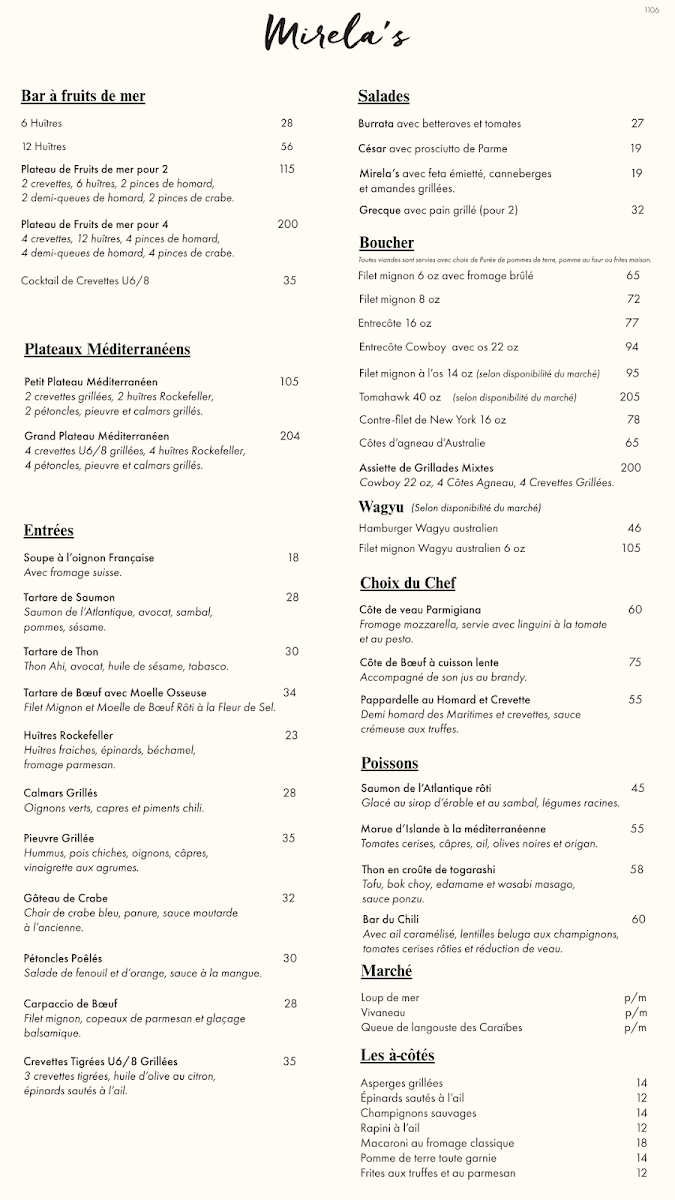 Menu, Mirela's Steakhouse and Cigar Lounge