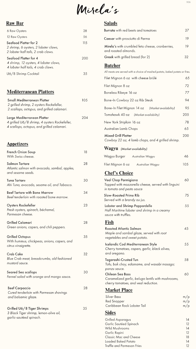 Menu, Mirela's Steakhouse and Cigar Lounge