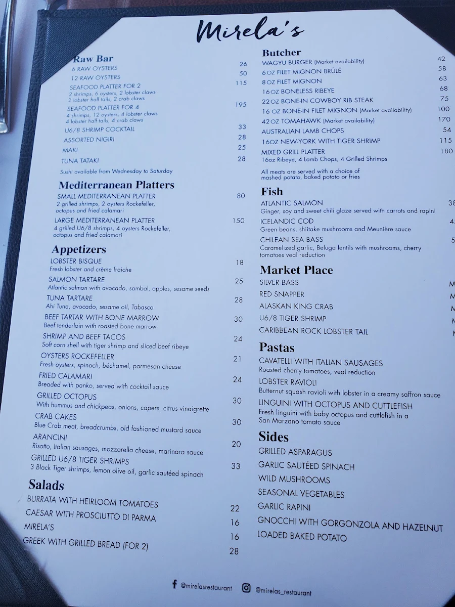 Menu, Mirela's Steakhouse and Cigar Lounge