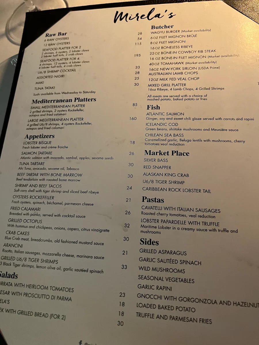 Menu, Mirela's Steakhouse and Cigar Lounge