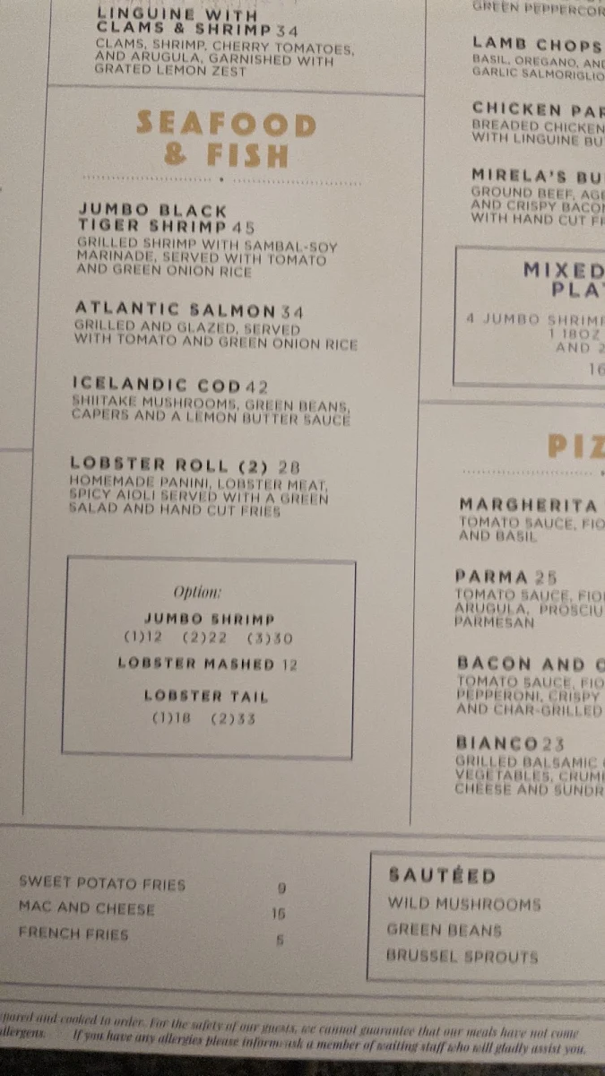 Menu, Mirela's Steakhouse and Cigar Lounge