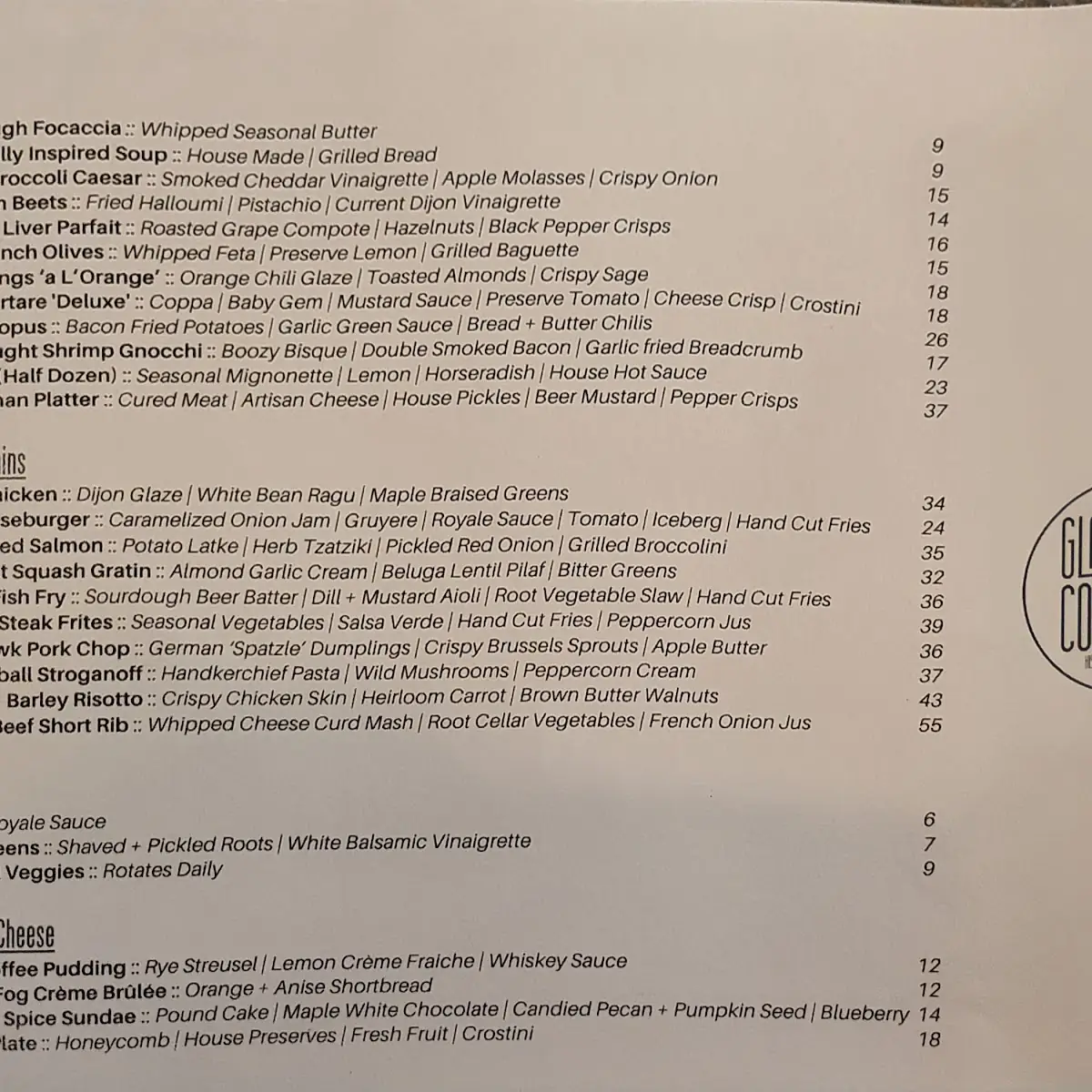Menu, Gladstone Commons