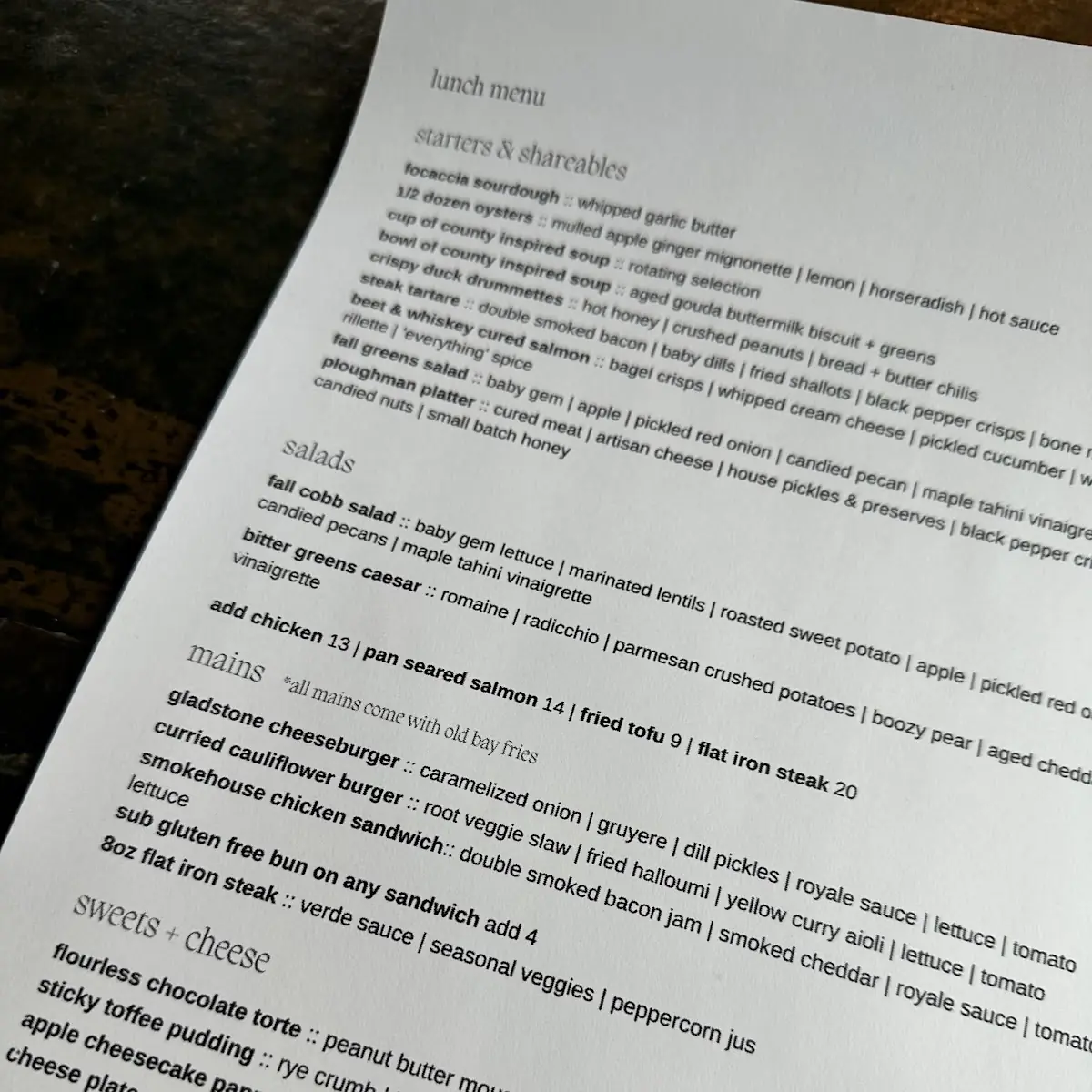 Menu, Gladstone Commons