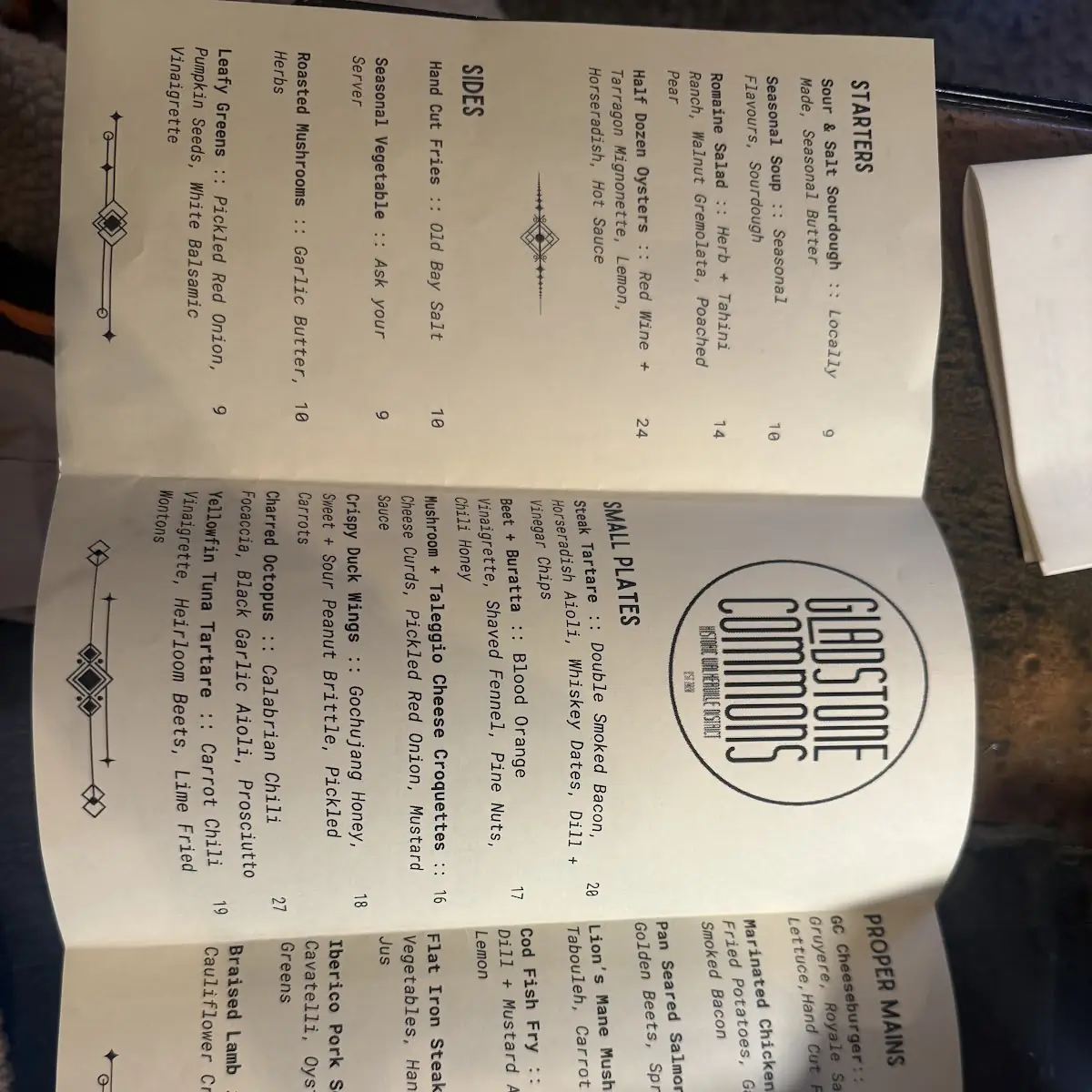 Menu, Gladstone Commons