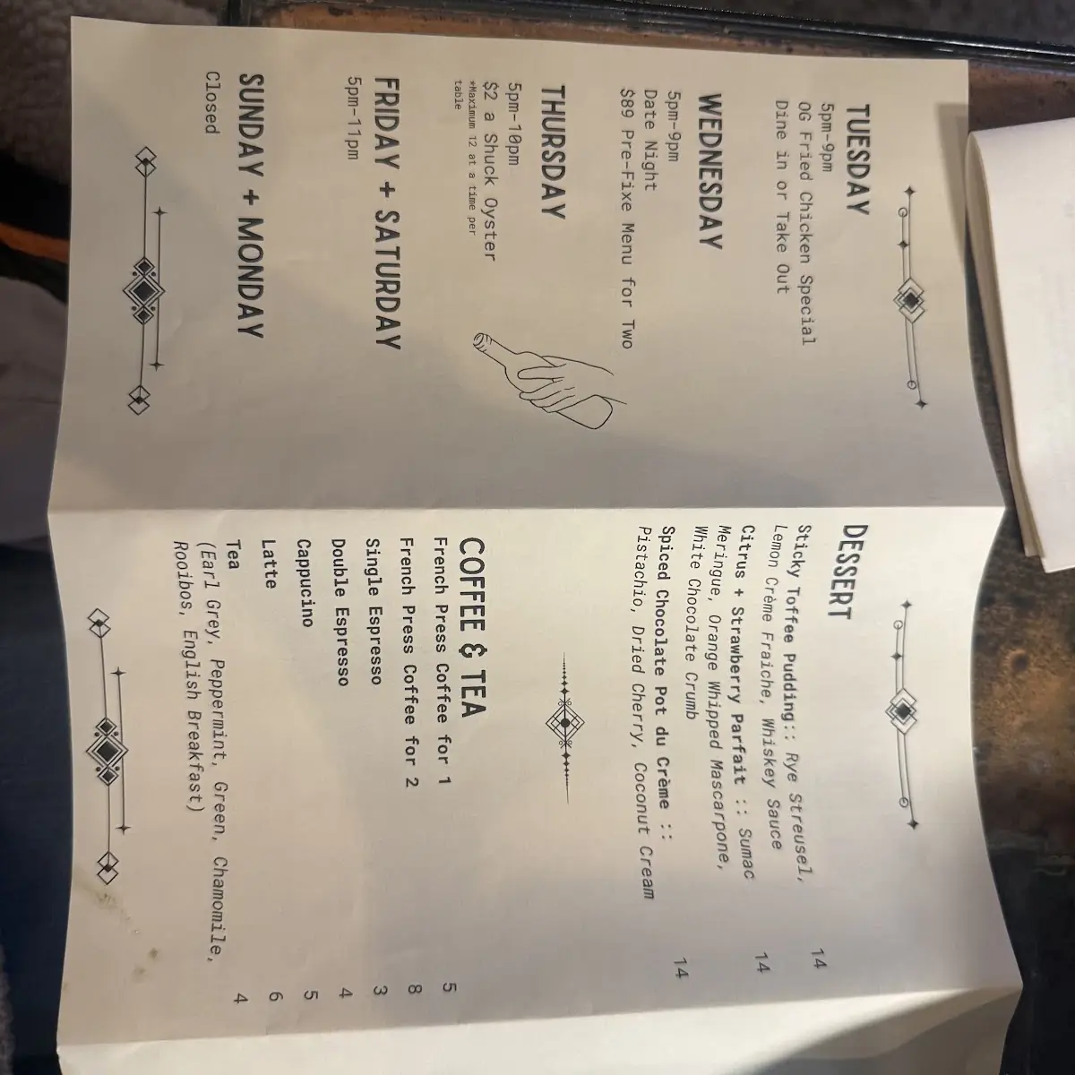 Menu, Gladstone Commons