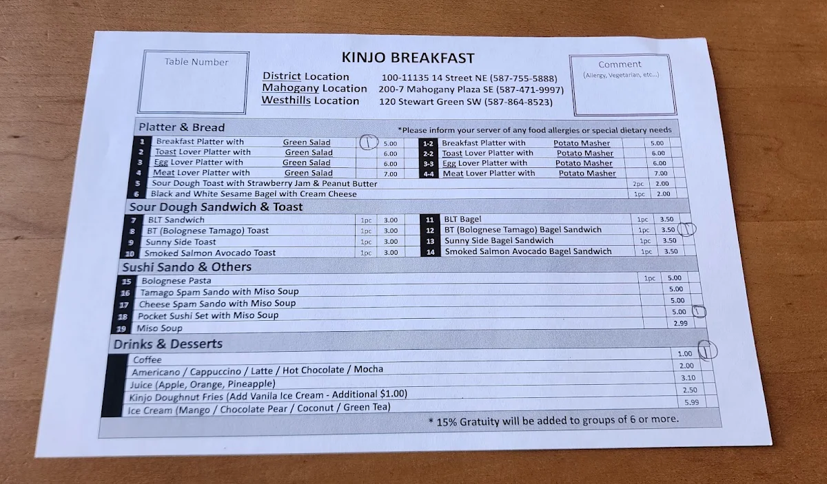 Menu, Kinjo Sushi & Grill Westhills
