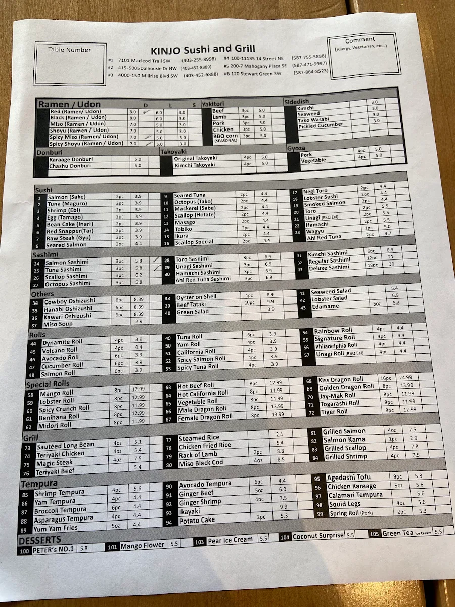 Menu, Kinjo Sushi & Grill Westhills