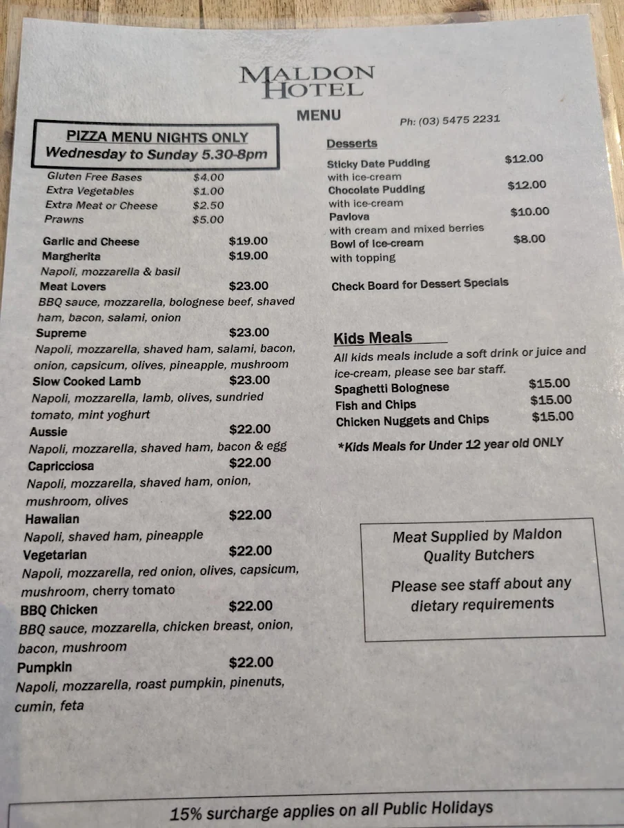 Menu, Maldon Hotel