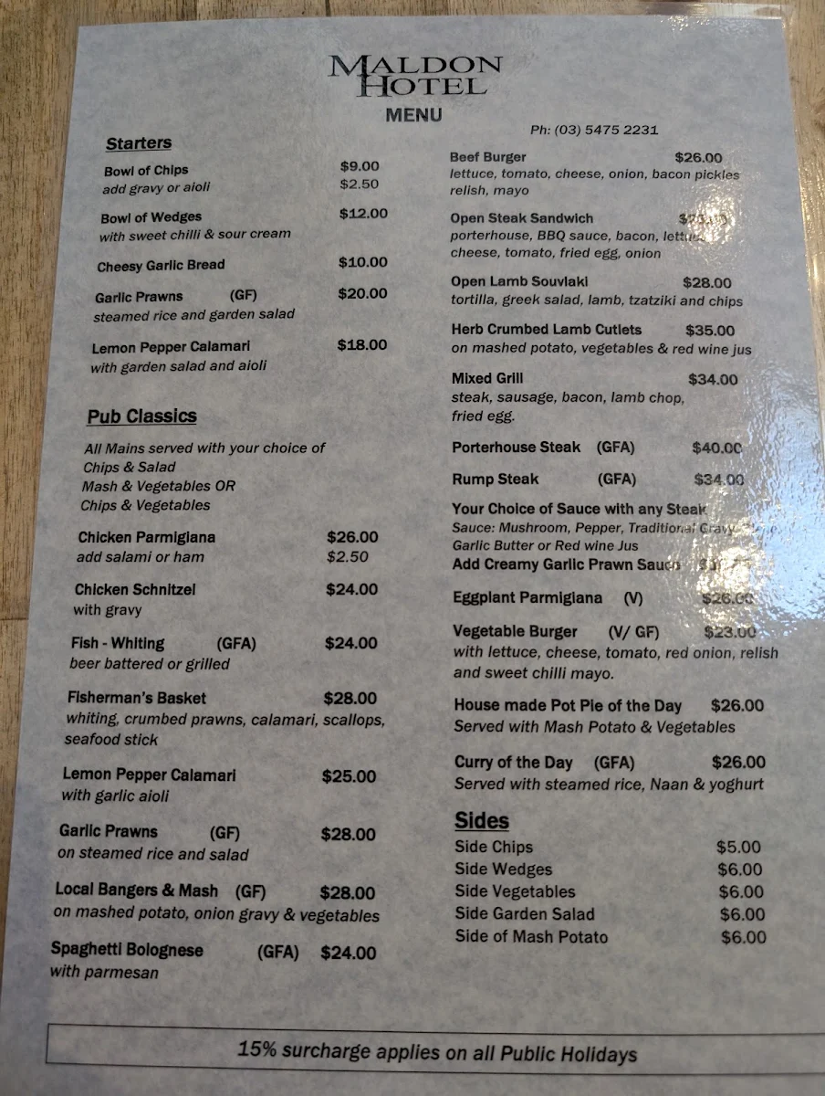Menu, Maldon Hotel