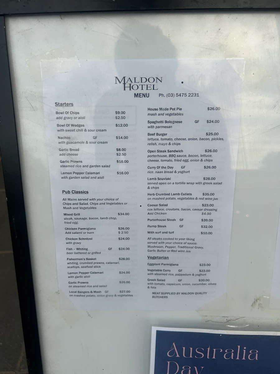 Menu, Maldon Hotel