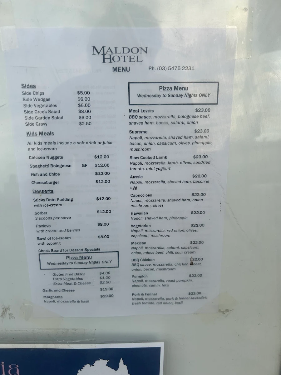 Menu, Maldon Hotel