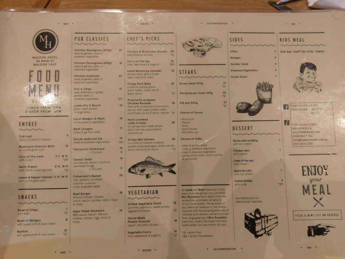 Menu, Maldon Hotel
