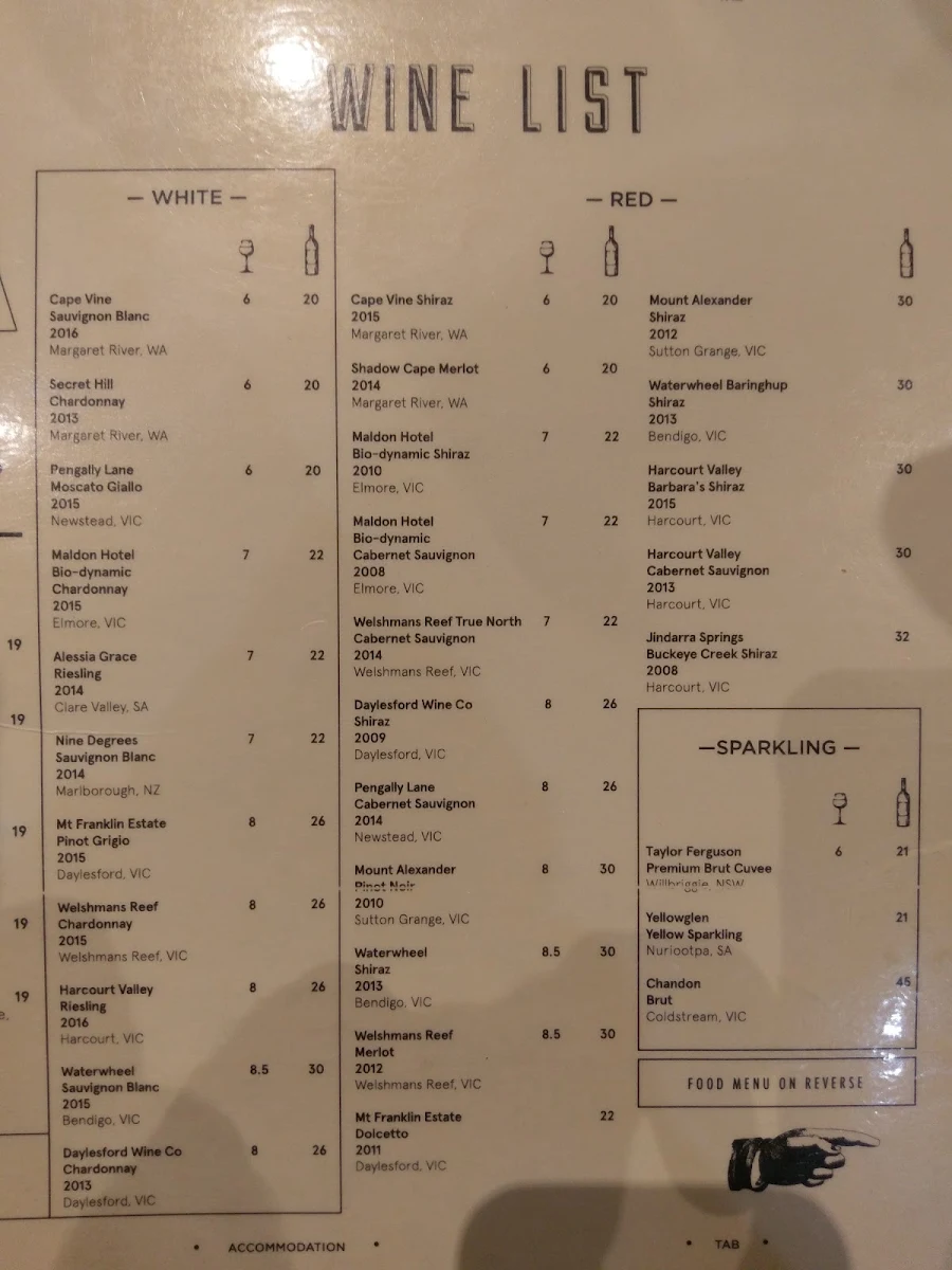 Menu, Maldon Hotel
