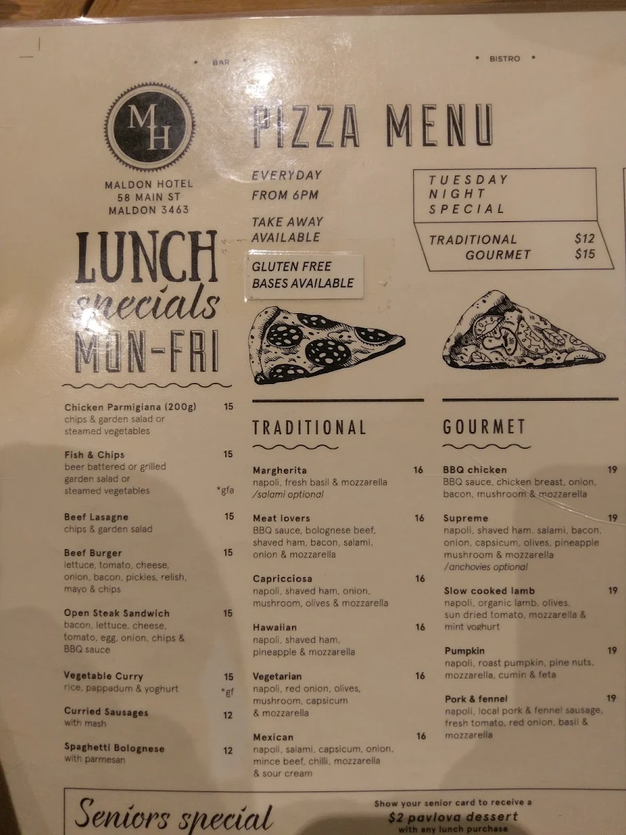 Menu, Maldon Hotel