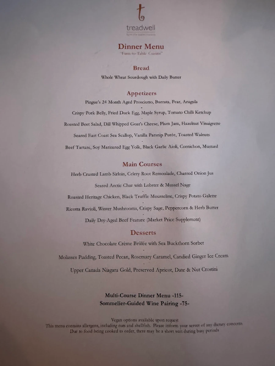 Menu, Treadwell Cuisine