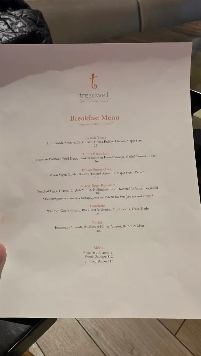 Menu, Treadwell Cuisine
