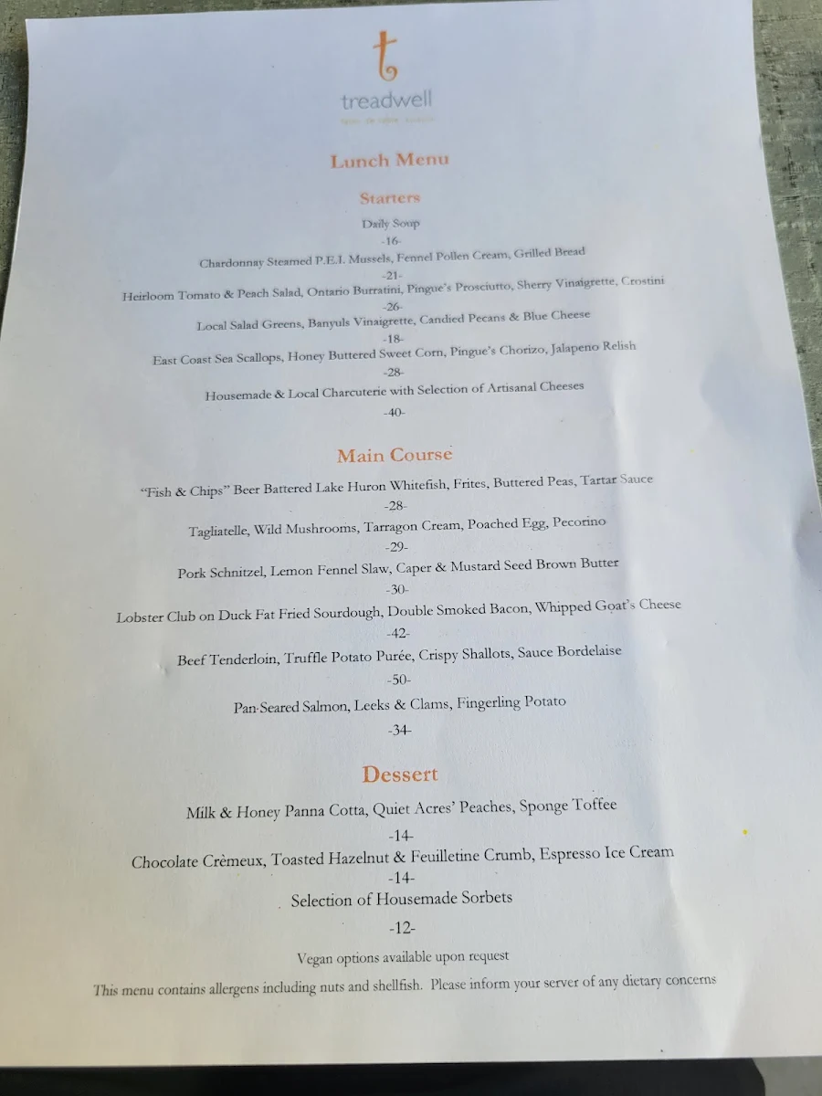 Menu, Treadwell Cuisine