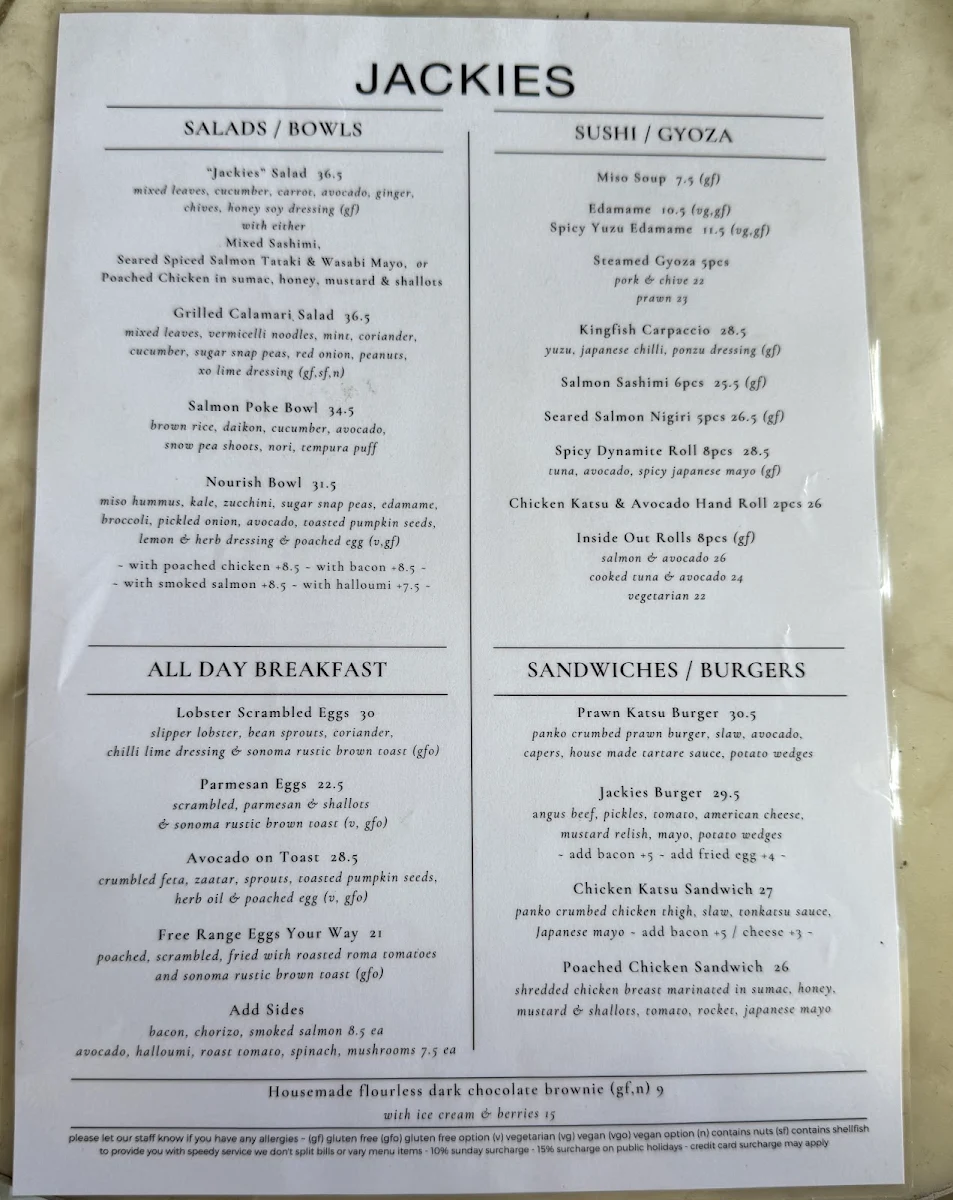 Menu, Jackies Cafe