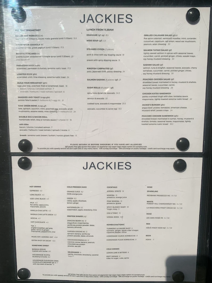 Menu, Jackies Cafe