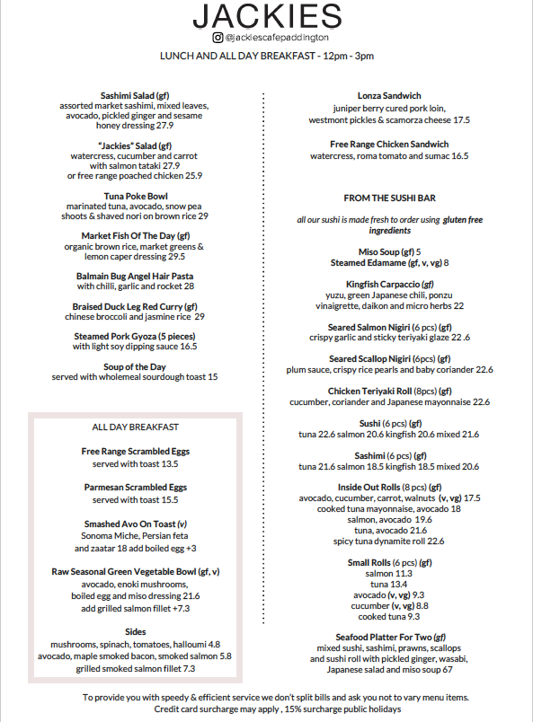 Menu, Jackies Cafe