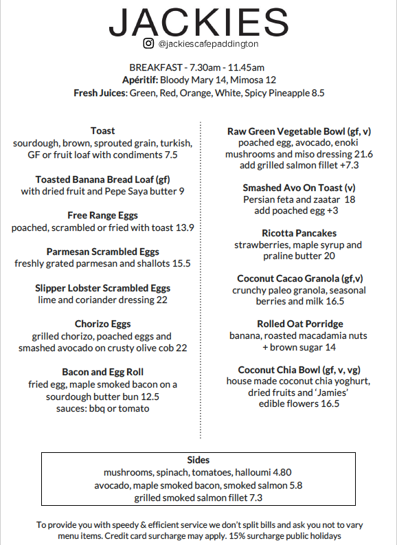 Menu, Jackies Cafe