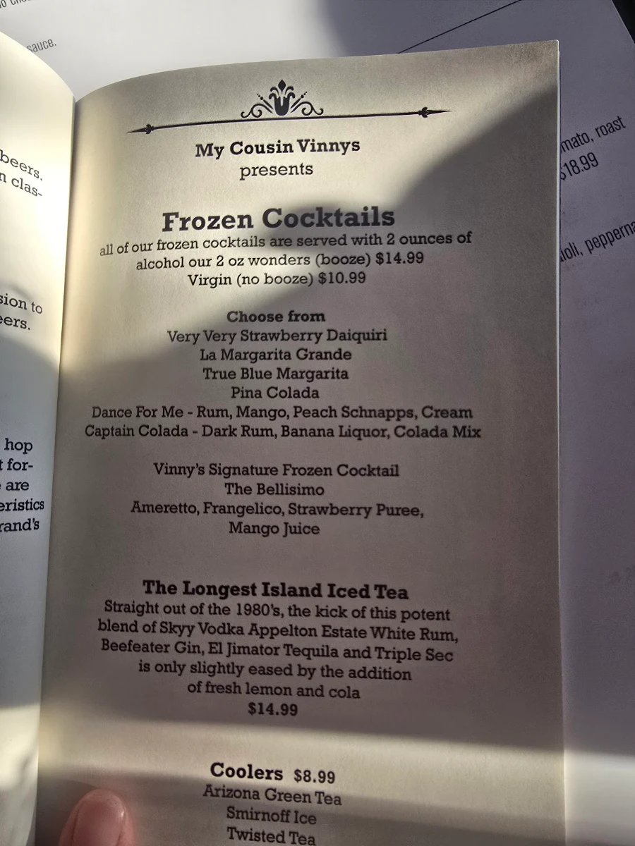 Menu, My Cousin Vinny's